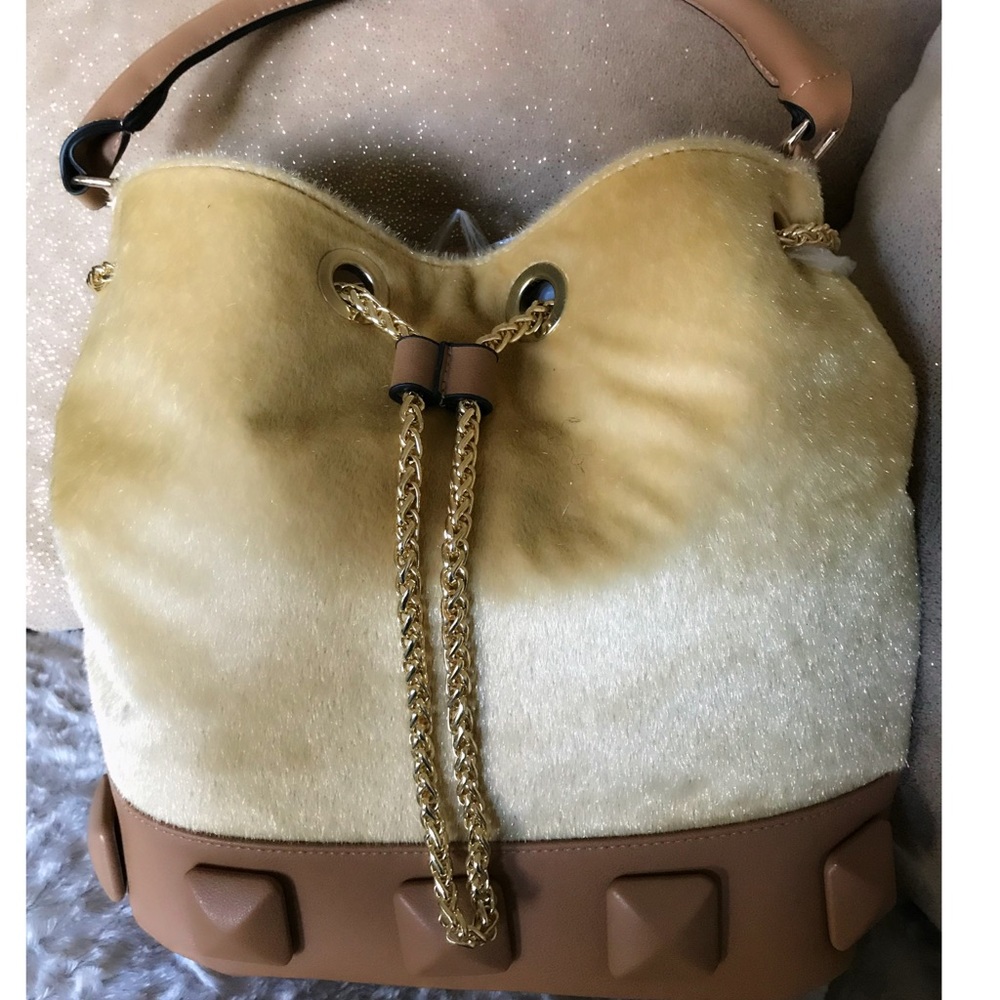 Gold, faux fur, convertible backpack, purse